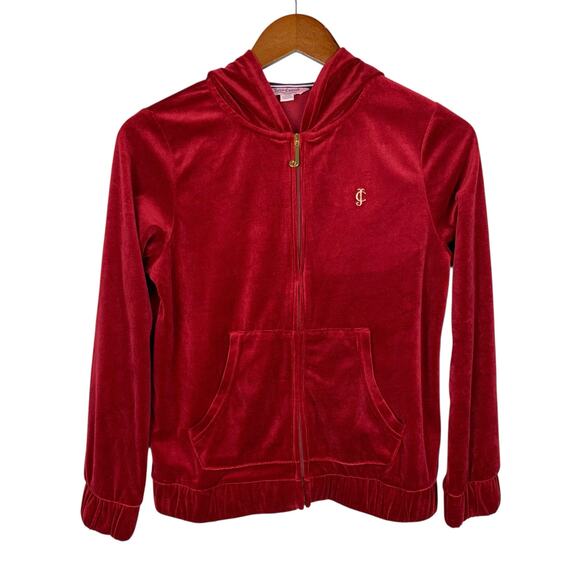 Juicy Couture Other - Juicy Couture Red Velvet Full Zip Hoodie Gold Logo Sweatshirt Kids Girls L 12-14